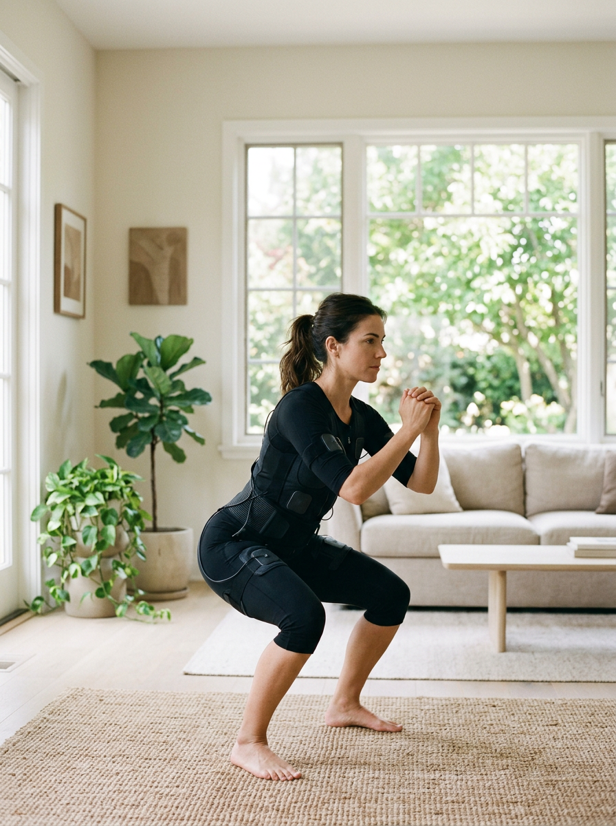 Woman training in a wireless EMS suit at home